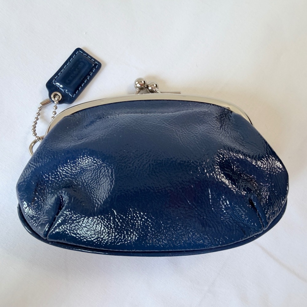 Coach Kisslock Coin Purse Women Small Blue Patent Leather Pouch Wallet - Picture 4 of 10
